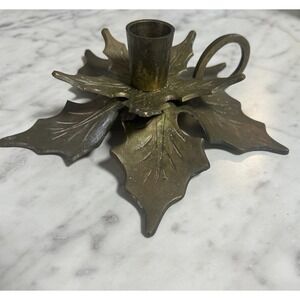 VTG Christmas Solid Brass Poinsettia Holly Leaf Candle Stick Holder India Taper